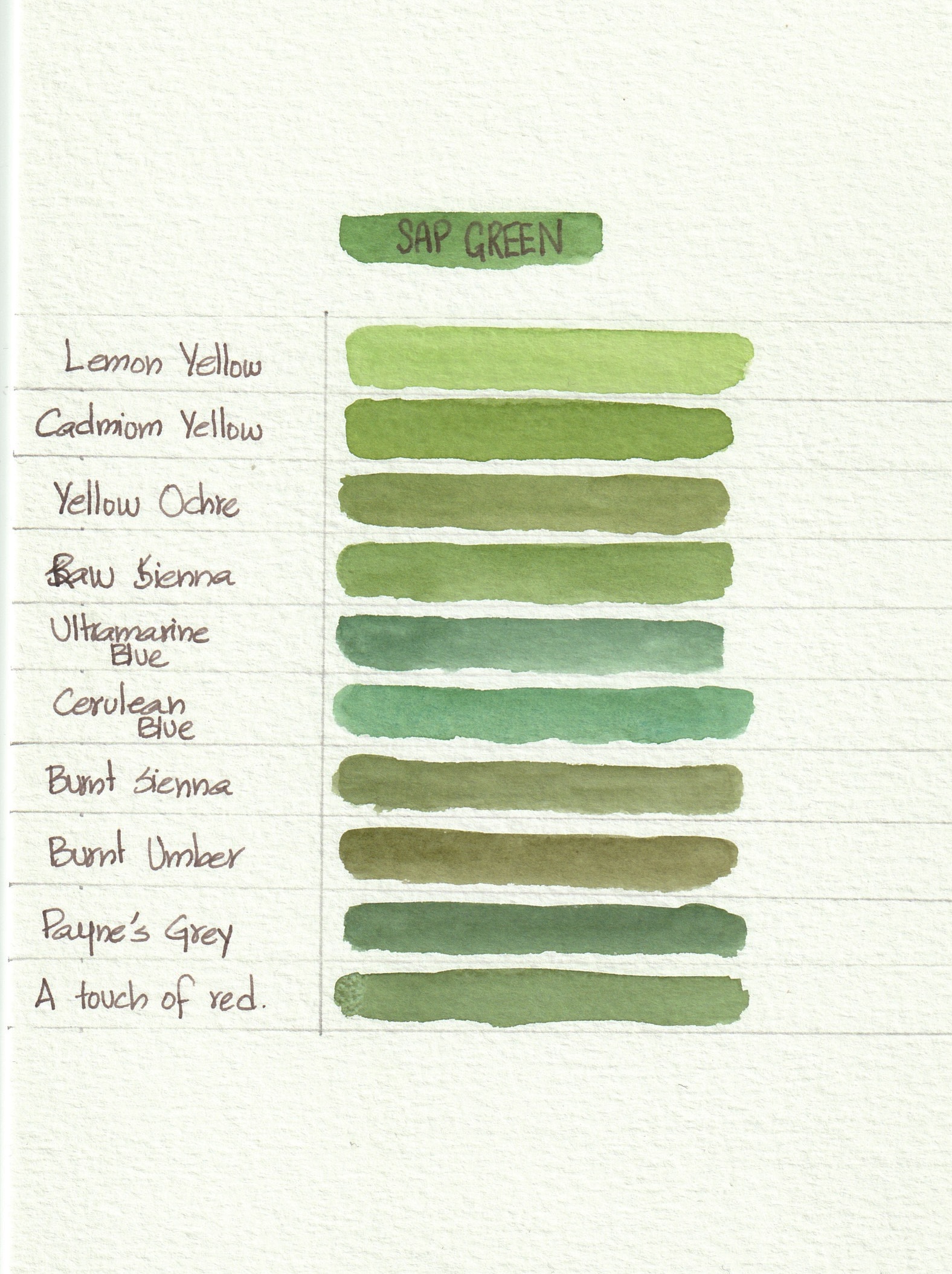 A quick field study of leaves with colour notes and Sap Green variations
